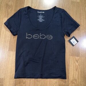 Bebe Women's Fitted Babydoll Tee Sz L Y2K Rhinestone Embellish NWT